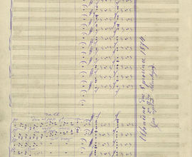 Poslední strana autografu partitury Vltava se Smetanovou poznámkou „Ukončeno dne 8. prosince 1874 za 19 dní (jsa úplně hluchým)“