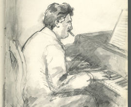 Kresba Hugo Boettingera – Josef Suk u klavíru